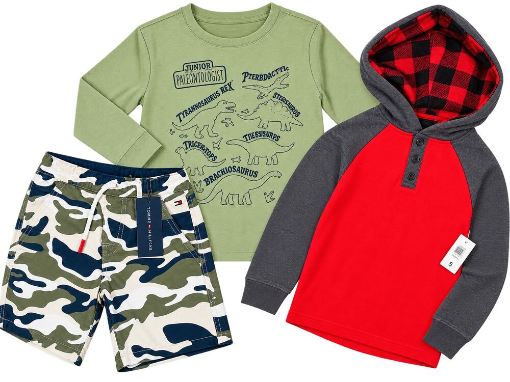 NWT Boys Size 5 Clothing Lot Tommy Hilfiger Camo Shorts Epic Threads Dino Hoodie